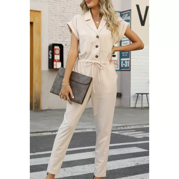 Bellivera Women Summer Short Sleeve Casual Jumpsuits Drawstring Belt Elegant Button Down One Piece Long Pant Romper