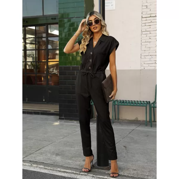 Bellivera Women Summer Short Sleeve Casual Jumpsuits Drawstring Belt Elegant Button Down One Piece Long Pant Romper