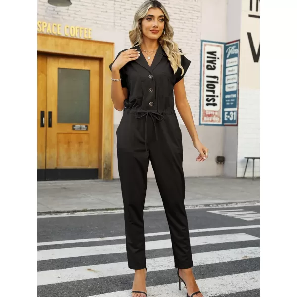 Bellivera Women Summer Short Sleeve Casual Jumpsuits Drawstring Belt Elegant Button Down One Piece Long Pant Romper