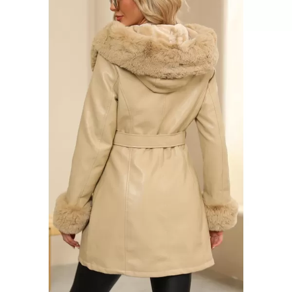 Bellivera Women's Faux Leather Fleece Lined Coat Winter Hooded Zip-up Parka with Belt