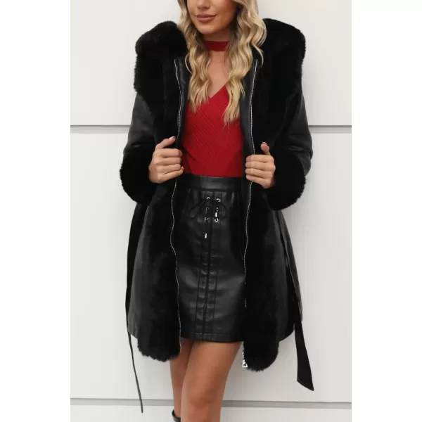 Bellivera Women's Faux Leather Fleece Lined Coat Winter Hooded Zip-up Parka with Belt