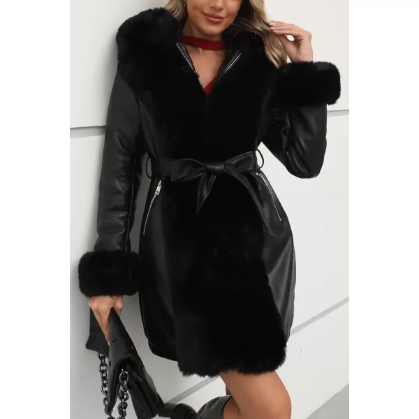 Bellivera Women's Faux Leather Fleece Lined Coat Winter Hooded Zip-up Parka with Belt