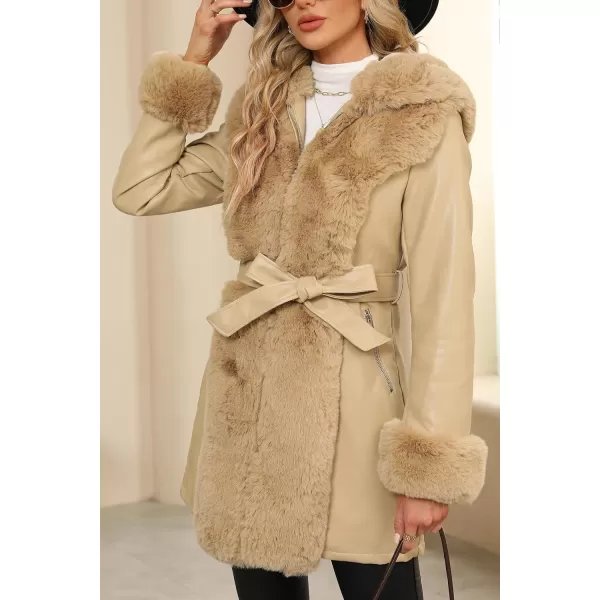 Bellivera Women's Faux Leather Fleece Lined Coat Winter Hooded Zip-up Parka with Belt