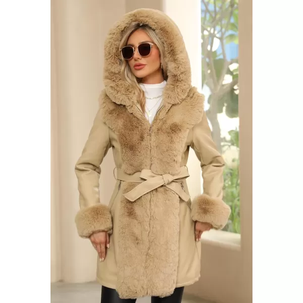 Bellivera Women's Faux Leather Fleece Lined Coat Winter Hooded Zip-up Parka with Belt