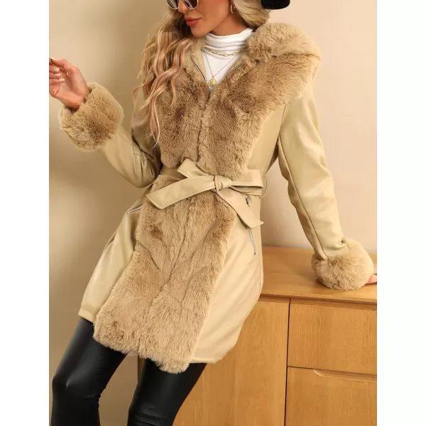 Bellivera Women's Faux Leather Fleece Lined Coat Winter Hooded Zip-up Parka with Belt