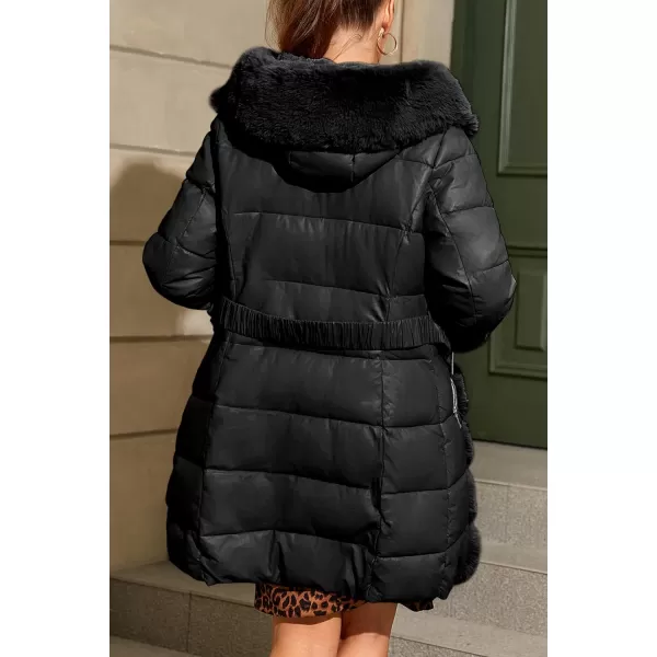 Bellivera Women's Faux Leather Fleece Lined Coat Winter Hooded Zip-up Parka with Belt