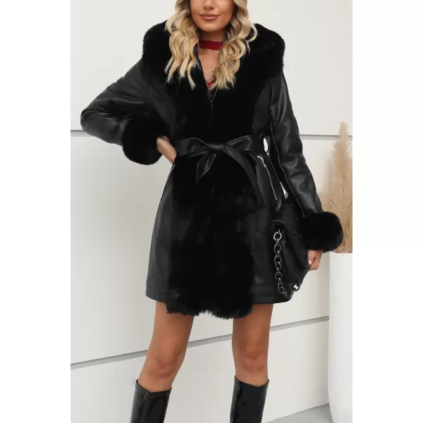Bellivera Women's Faux Leather Fleece Lined Coat Winter Hooded Zip-up Parka with Belt