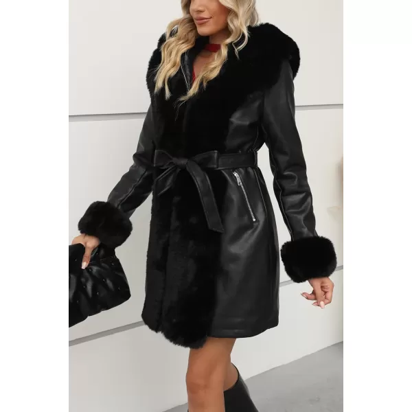 Bellivera Women's Faux Leather Fleece Lined Coat Winter Hooded Zip-up Parka with Belt