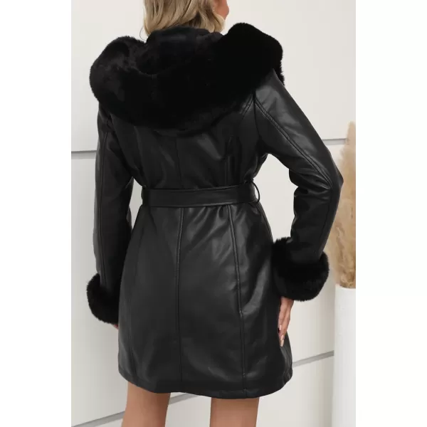 Bellivera Women's Faux Leather Fleece Lined Coat Winter Hooded Zip-up Parka with Belt