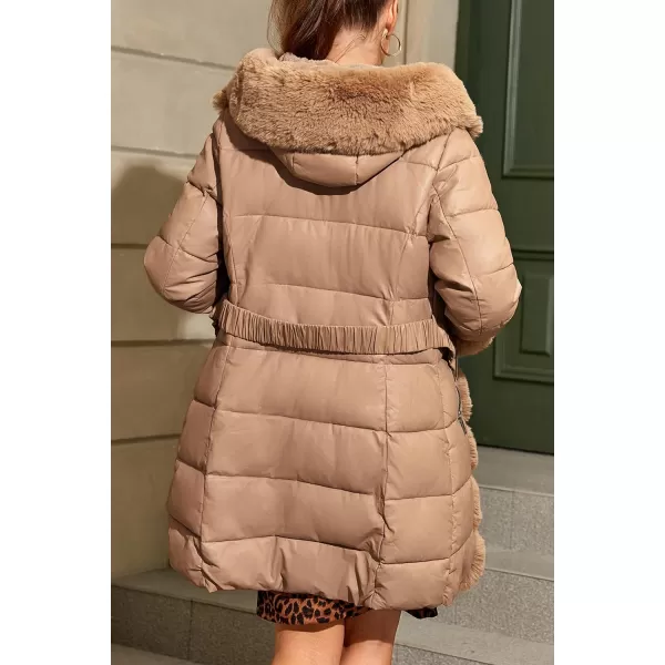 Bellivera Women's Faux Leather Fleece Lined Coat Winter Hooded Zip-up Parka with Belt