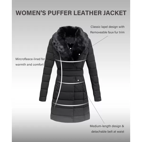Bellivera Women's Puffer Jacket Faux Leather Bubble Padding Sherpa-Lined Coat with Removable Fur Collar