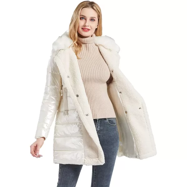 Bellivera Women's Puffer Jacket Faux Leather Bubble Padding Sherpa-Lined Coat with Removable Fur Collar
