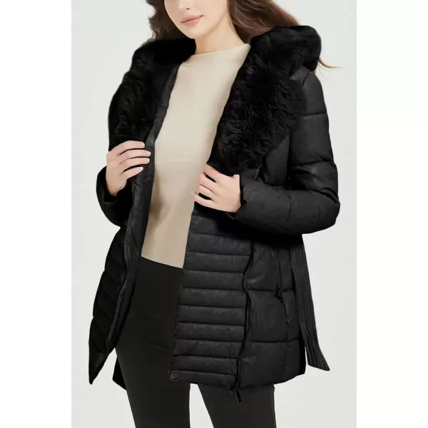 Bellivera Women's Puffer Jacket Faux Leather Bubble Padding Sherpa-Lined Coat with Removable Fur Collar
