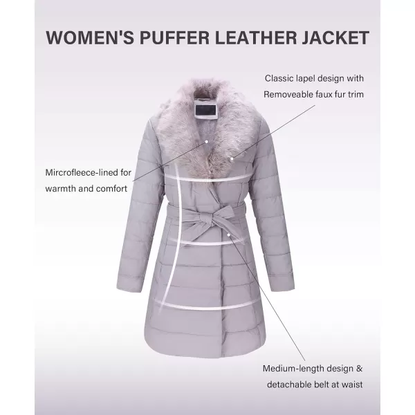 Bellivera Women's Puffer Jacket Faux Leather Bubble Padding Sherpa-Lined Coat with Removable Fur Collar