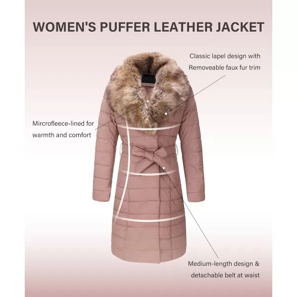 Bellivera Women's Puffer Jacket Faux Leather Bubble Padding Sherpa-Lined Coat with Removable Fur Collar