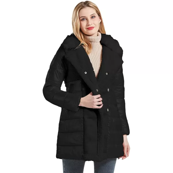 Bellivera Women's Puffer Jacket Faux Leather Bubble Padding Sherpa-Lined Coat with Removable Fur Collar