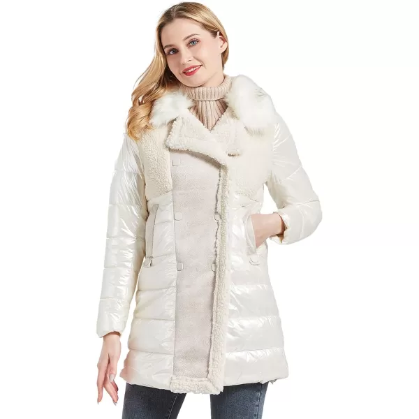 Bellivera Women's Puffer Jacket Faux Leather Bubble Padding Sherpa-Lined Coat with Removable Fur Collar