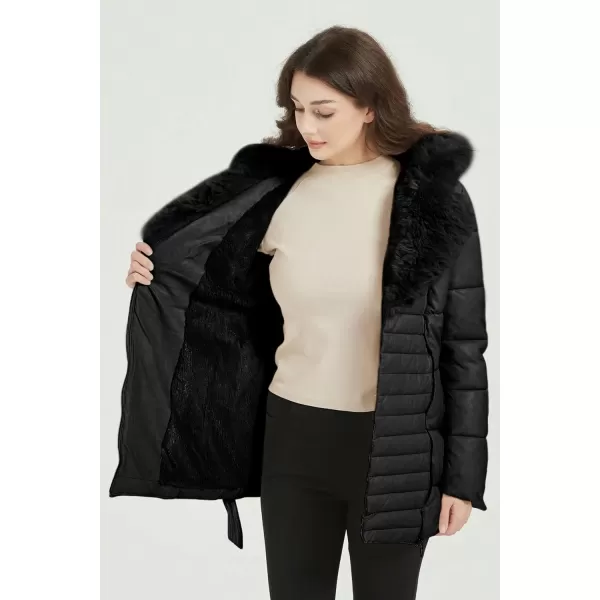 Bellivera Women's Puffer Jacket Faux Leather Bubble Padding Sherpa-Lined Coat with Removable Fur Collar