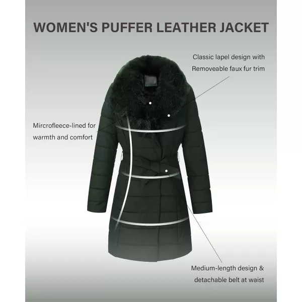 Bellivera Women's Puffer Jacket Faux Leather Bubble Padding Sherpa-Lined Coat with Removable Fur Collar