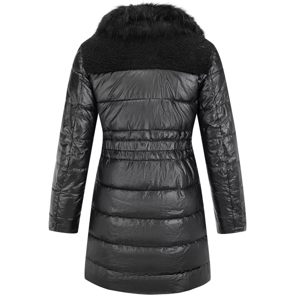 Bellivera Women's Puffer Jacket Faux Leather Bubble Padding Sherpa-Lined Coat with Removable Fur Collar