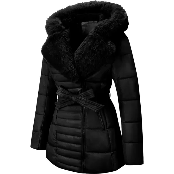 Bellivera Women's Puffer Jacket Faux Leather Bubble Padding Sherpa-Lined Coat with Removable Fur Collar