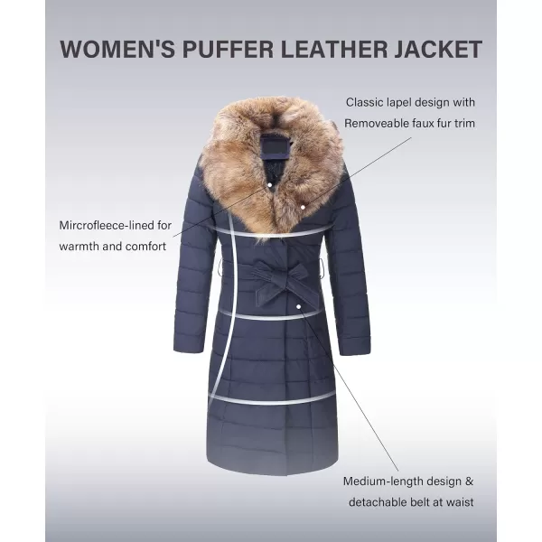 Bellivera Women's Puffer Jacket Faux Leather Bubble Padding Sherpa-Lined Coat with Removable Fur Collar