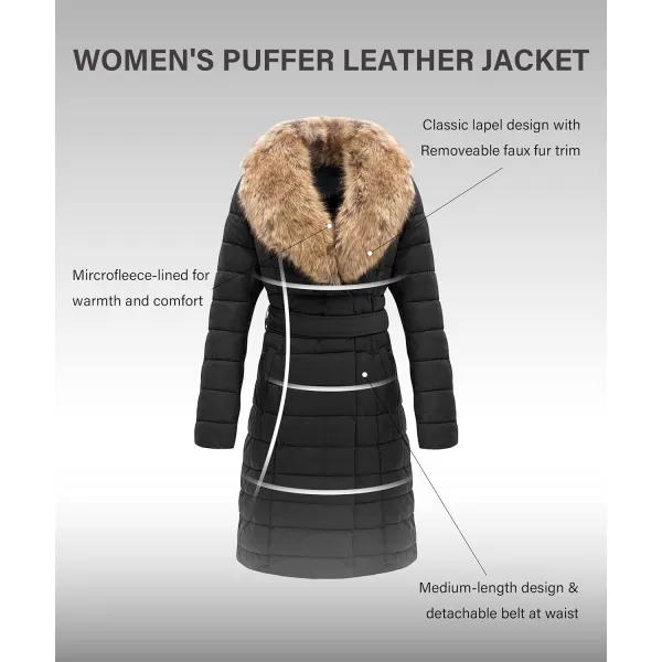 Bellivera Women's Puffer Jacket Faux Leather Bubble Padding Sherpa-Lined Coat with Removable Fur Collar