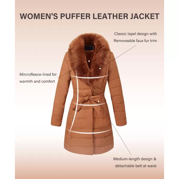 Bellivera Women's Puffer Jacket Faux Leather Bubble Padding Sherpa-Lined Coat with Removable Fur Collar