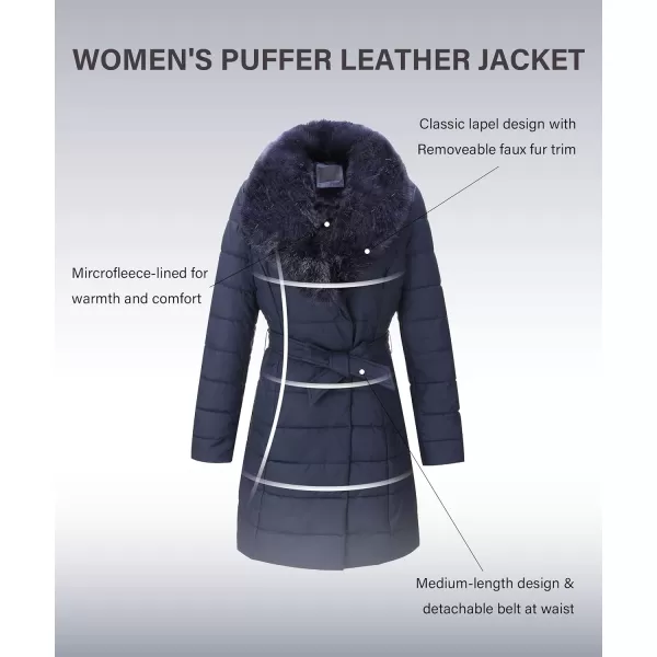Bellivera Women's Puffer Jacket Faux Leather Bubble Padding Sherpa-Lined Coat with Removable Fur Collar