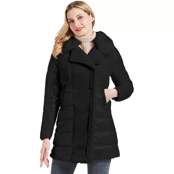 Bellivera Women's Puffer Jacket Faux Leather Bubble Padding Sherpa-Lined Coat with Removable Fur Collar