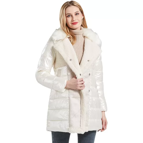 Bellivera Women's Puffer Jacket Faux Leather Bubble Padding Sherpa-Lined Coat with Removable Fur Collar