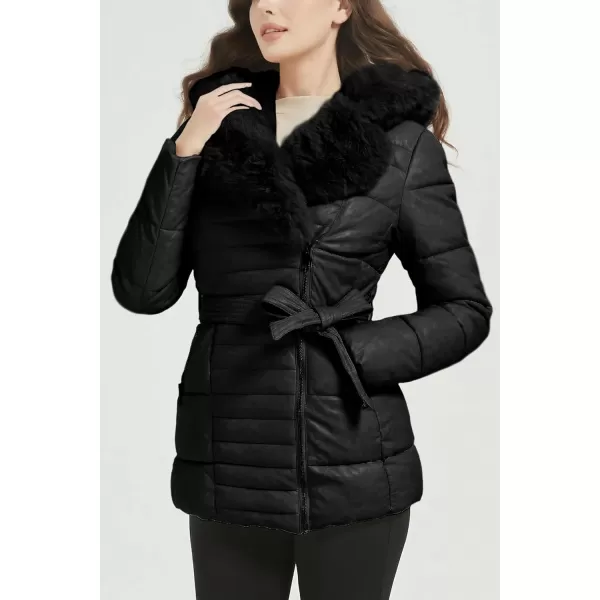 Bellivera Women's Puffer Jacket Faux Leather Bubble Padding Sherpa-Lined Coat with Removable Fur Collar
