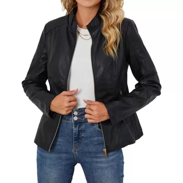 Bellivera Faux Leather Jacket Women Motorcycle Zipper Bomber PU Bike Coat with Pockets