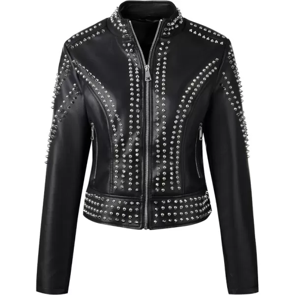 Bellivera Faux Leather Jacket for Women Studded Rivet Floral Moto Biker Short Lapel Coat