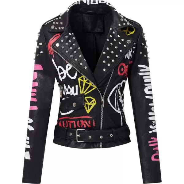 Bellivera Faux Leather Jacket for Women Studded Rivet Floral Moto Biker Short Lapel Coat