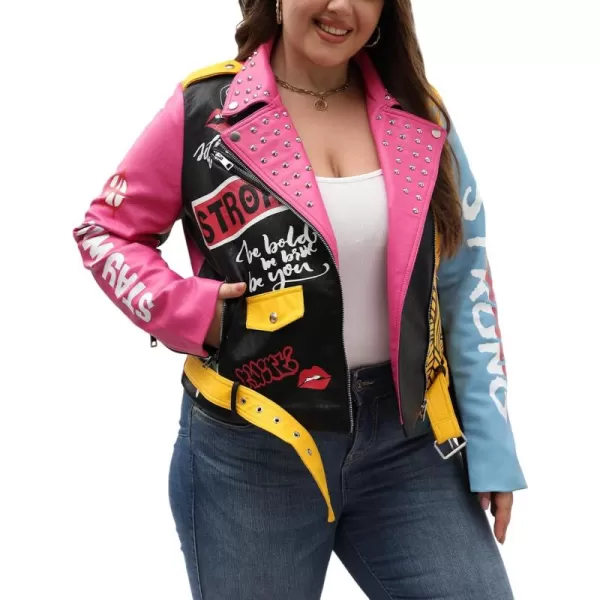 Bellivera Faux Leather Jacket for Women Studded Rivet Floral Moto Biker Short Lapel Coat