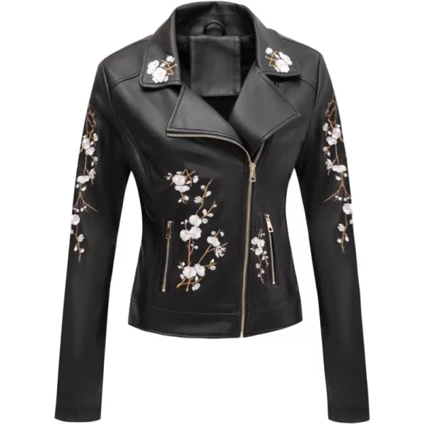 Bellivera Faux Leather Jacket for Women Studded Rivet Floral Moto Biker Short Lapel Coat
