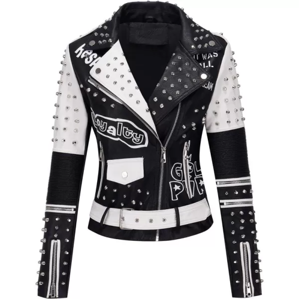 Bellivera Faux Leather Jacket for Women Studded Rivet Floral Moto Biker Short Lapel Coat