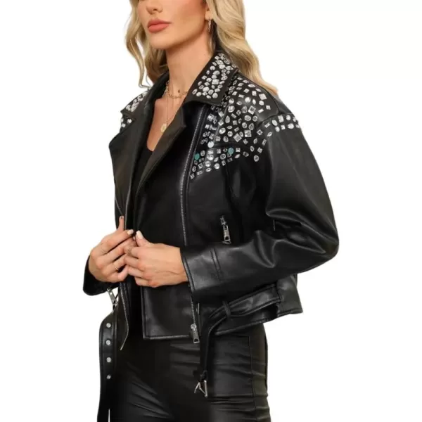 Bellivera Faux Leather Jacket for Women Studded Rivet Floral Moto Biker Short Lapel Coat