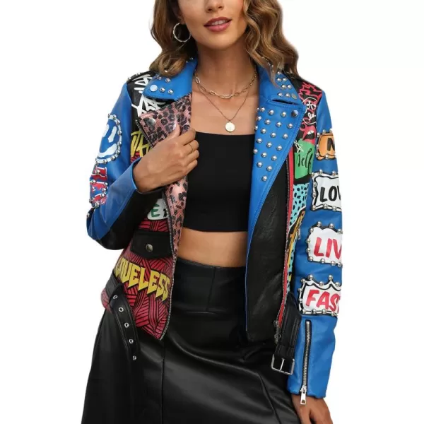 Bellivera Faux Leather Jacket for Women Studded Rivet Floral Moto Biker Short Lapel Coat
