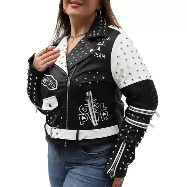 Bellivera Faux Leather Jacket for Women Studded Rivet Floral Moto Biker Short Lapel Coat
