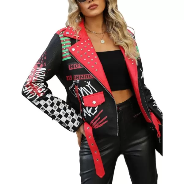 Bellivera Faux Leather Jacket for Women Studded Rivet Floral Moto Biker Short Lapel Coat