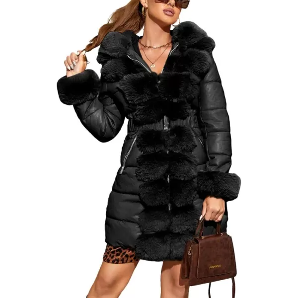 Bellivera Women's Faux Leather Fleece Lined Coat Winter Hooded Zip-up Parka with Belt