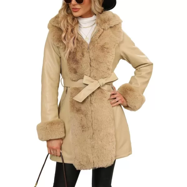 Bellivera Women's Faux Leather Fleece Lined Coat Winter Hooded Zip-up Parka with Belt