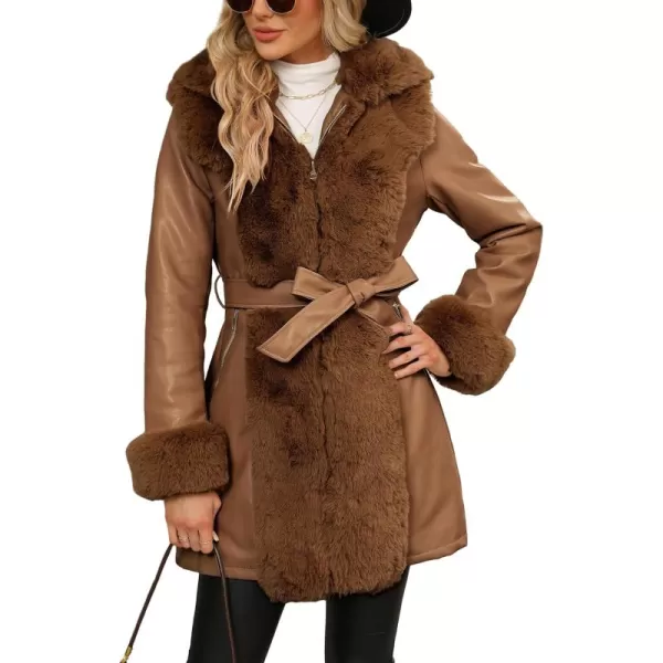 Bellivera Women's Faux Leather Fleece Lined Coat Winter Hooded Zip-up Parka with Belt