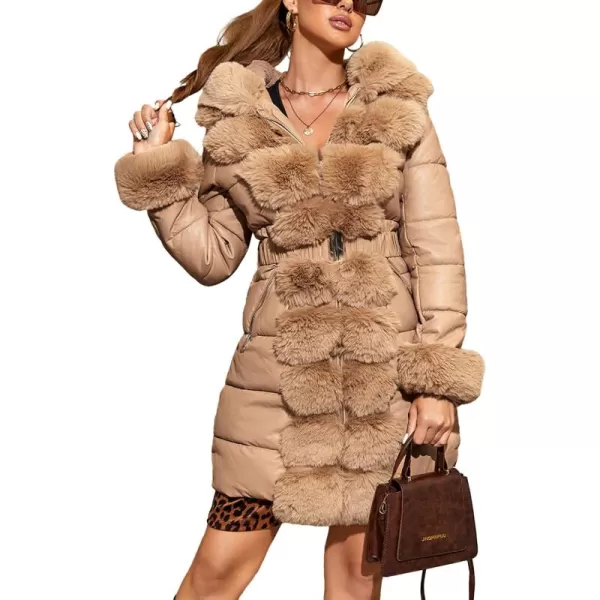 Bellivera Women's Faux Leather Fleece Lined Coat Winter Hooded Zip-up Parka with Belt