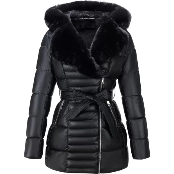 Bellivera Women's Puffer Jacket Faux Leather Bubble Padding Sherpa-Lined Coat with Removable Fur Collar