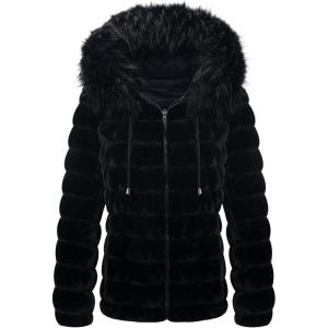 imageBellivera Women Double Sided Faux Fur Jacket Spring and Winter Fashion Reversible Hood Puffer Coat with Fur CollarBlack