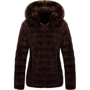 imageBellivera Women Double Sided Faux Fur Jacket Spring and Winter Fashion Reversible Hood Puffer Coat with Fur CollarBrown
