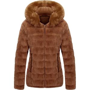 imageBellivera Women Double Sided Faux Fur Jacket Spring and Winter Fashion Reversible Hood Puffer Coat with Fur CollarCamel
